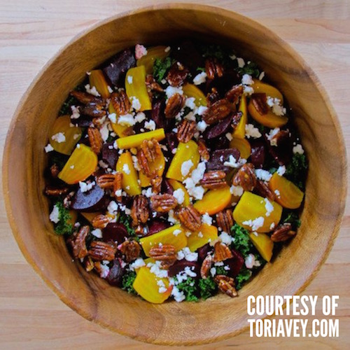 Kale and Beet Salad with Goat Cheese and Pecans