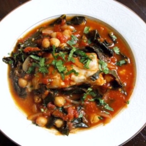 Tomato Poached Cod with Kale and Chickpeas